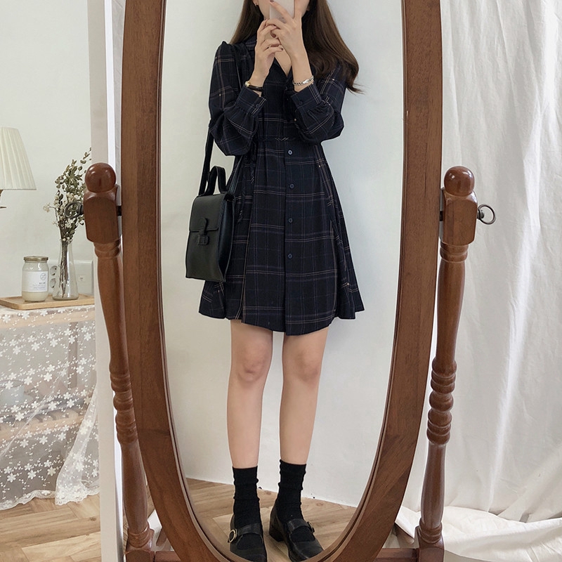 Ladies Vintage Plaid Dress Korean  Fashion  Mini Dress 