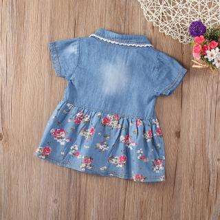 ℛCute Baby Kids Girls Denim Floral Short Sleeve Dress Bowknot Sundress Skirt #1