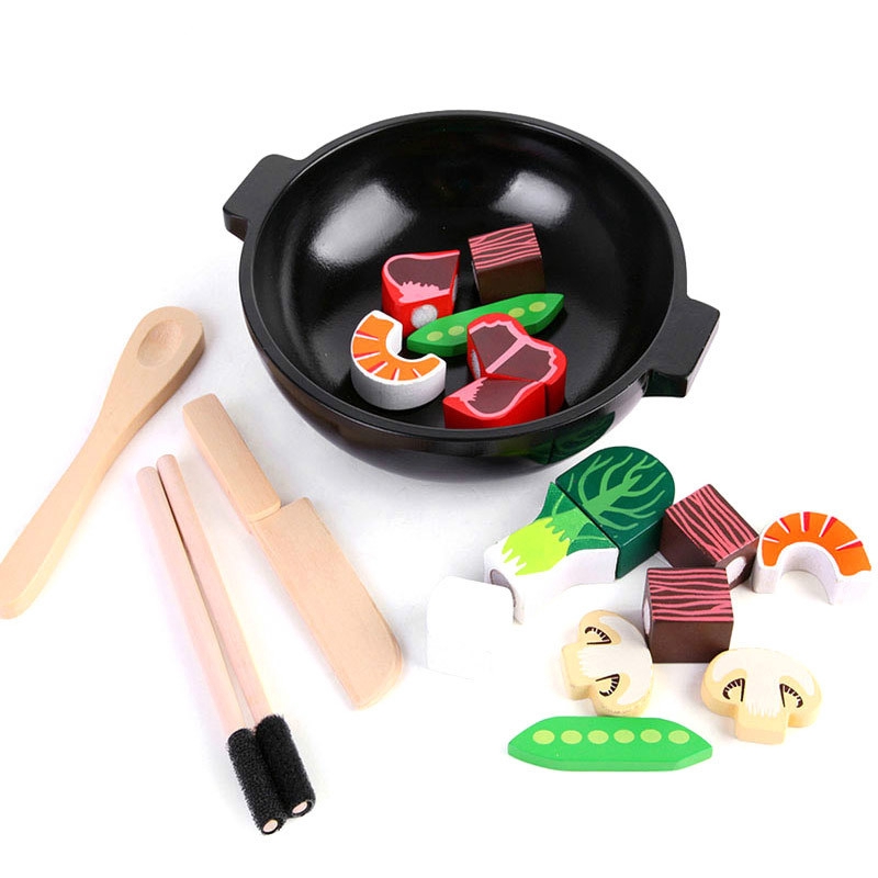 wooden toy kitchen pots and pans