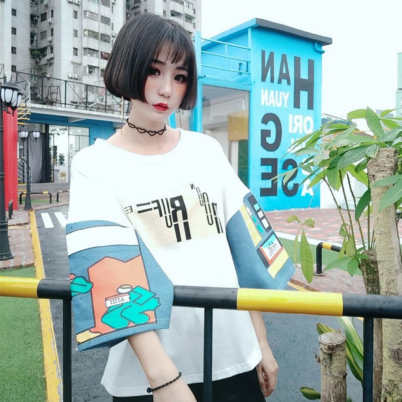 Summer Women Korean Harajuku BF Stitching Elbow Sleeve Print T Shirt Loose Top S 