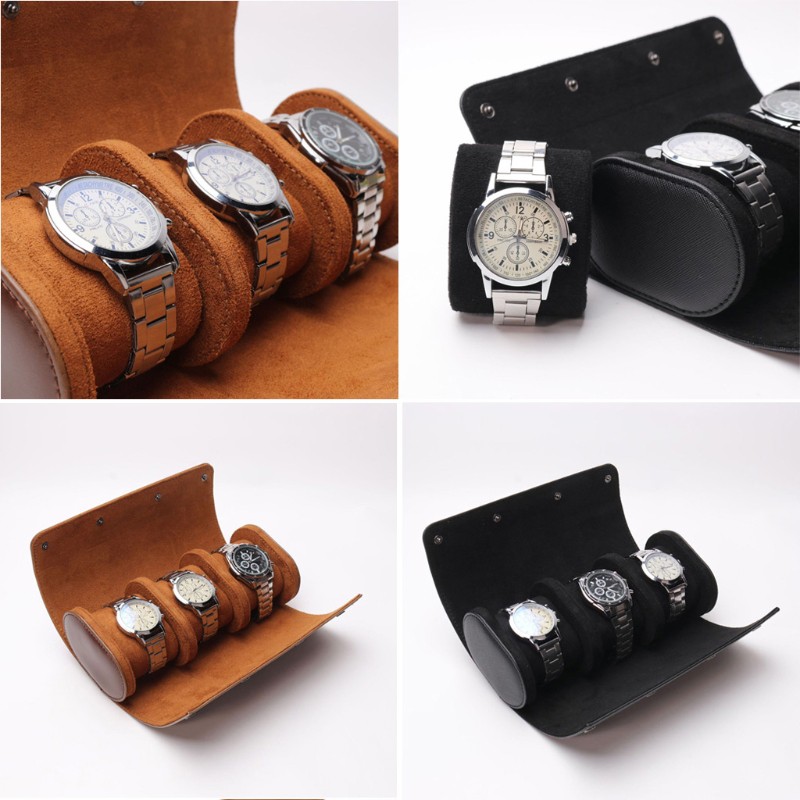 REDD 3 Slots Portable Leather Watch Storage Box Slid in Out Watch Roll Travel Case