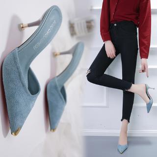 Image of Women's Stilettos Mules Shoes Ladies Fashion High Heels Suede Pointed Half Shoes