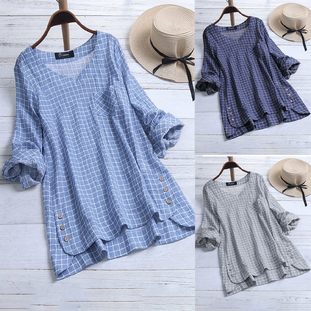 M 5XL New Women Blouse  Baju  Casual Plaid Irregular Hem 