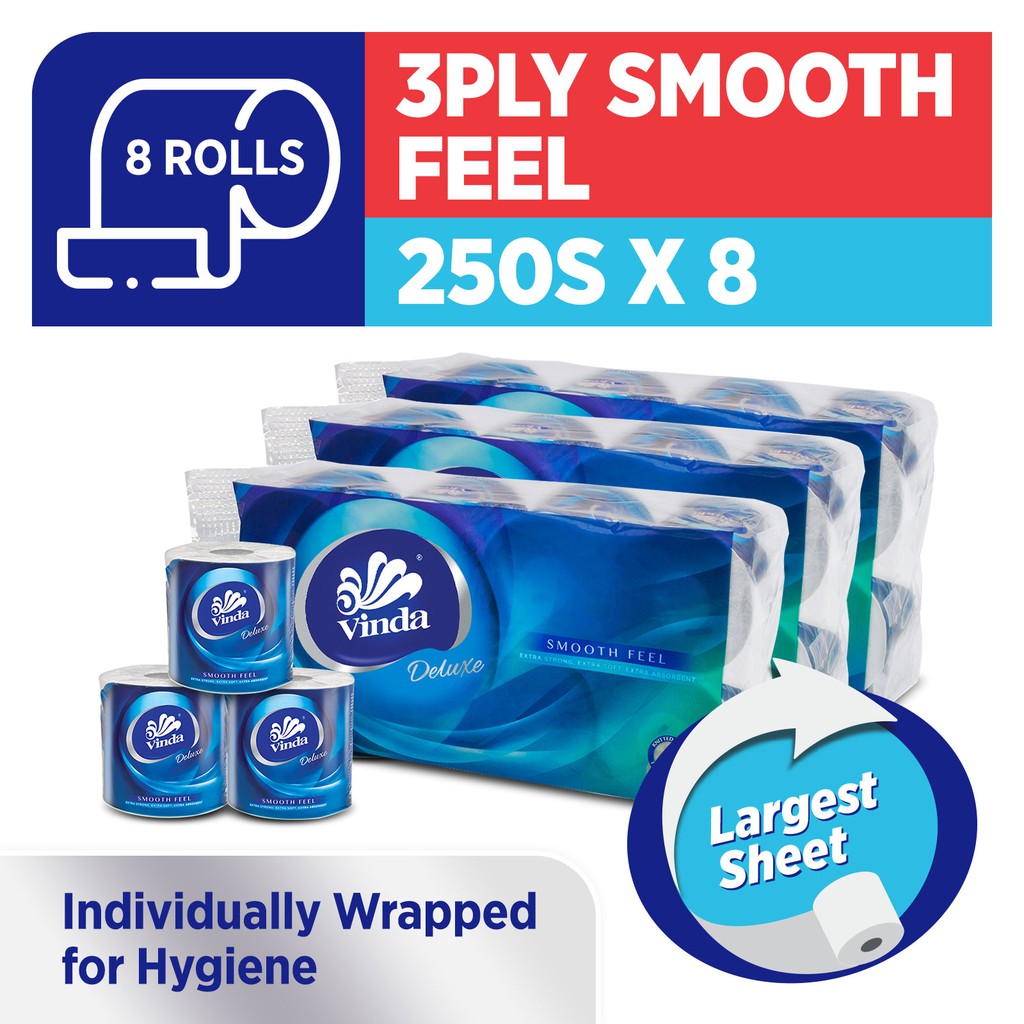 Vinda Deluxe Smooth Feel Toilet Paper ( 250 Sheets X 8 Rolls ) Bundle