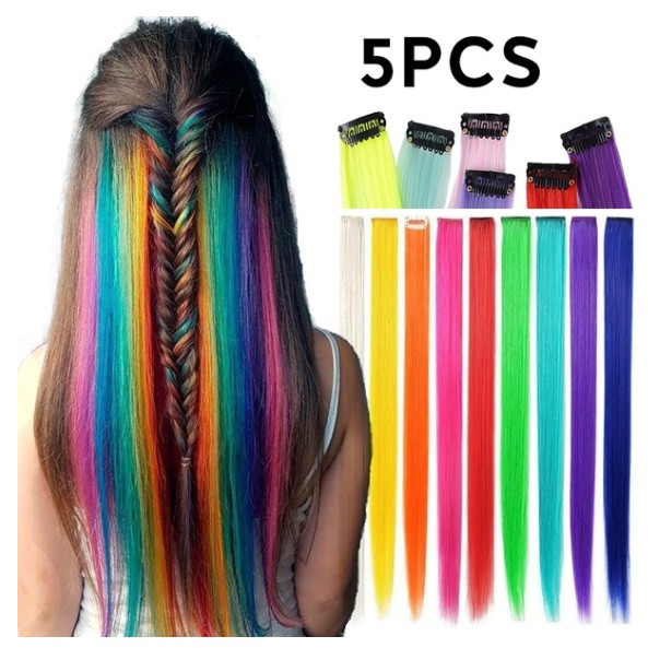 5 Pcs Lot Long Straight Fake Colored Hair Extensions Clip In Highlight Rainbow Hair Streak Pink Synthetic Hair Stran Shopee Singapore