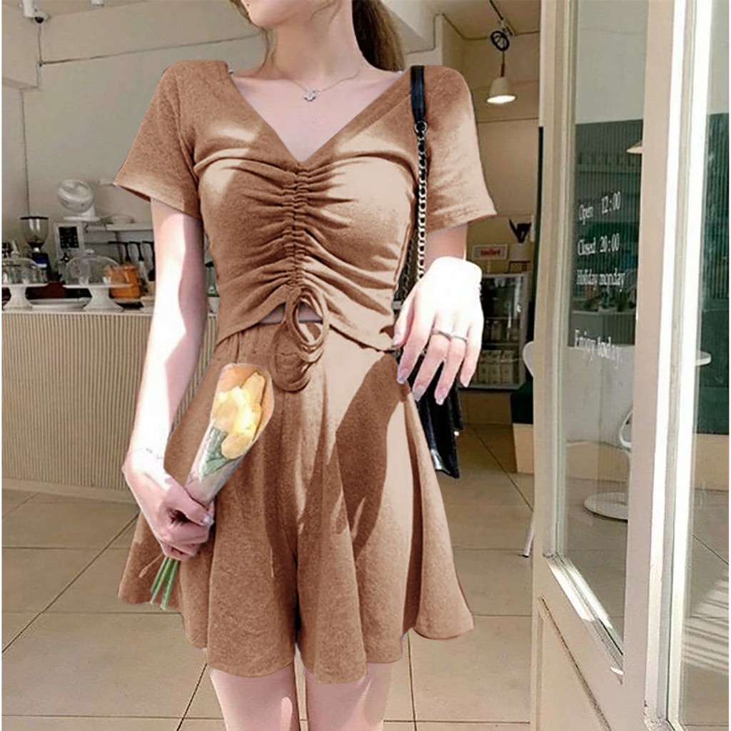 WSE390 - Set 2in1 Lauren Setelan Baju Dan Rok Atasan Kerah V  LD 100 CM PJ 42 CM PJ Rok 60 CM PREMIU
