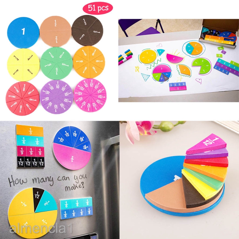 51pcs Rainbow Round EVA Fractions Tiles Toys Early Math Number Teaching Gifts 