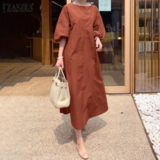 Image of ZANZEA Women Casual 3/4 Lantern Sleeve Solid Color Elastic Cuff Maxi Dress