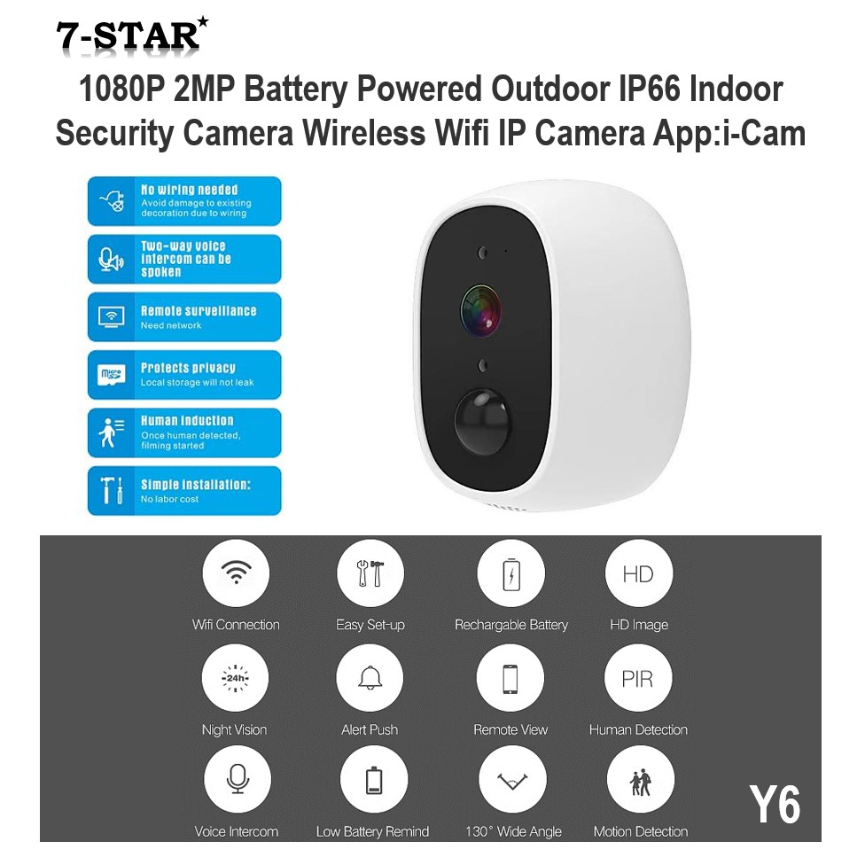 7STAR* Y6 iCam+ APP FullHD 1080P 2MP Wifi Battery Powered IP66