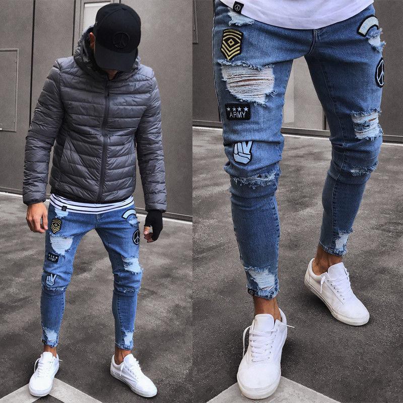 S 3xl Plus Size Korean Fashion Men S Ripped Jeans Cool Hole Distressed Skinny Jeans With Badge Shopee Singapore