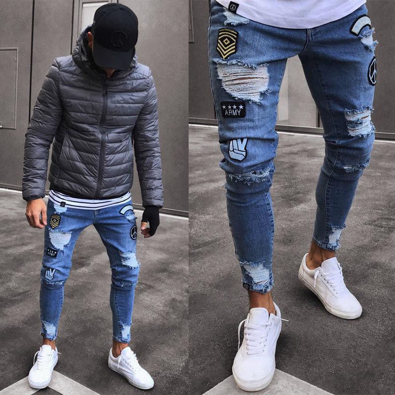 S 3xl Plus Size Korean Fashion Men S Ripped Jeans Cool Hole Distressed Skinny Jeans With Badge Shopee Singapore