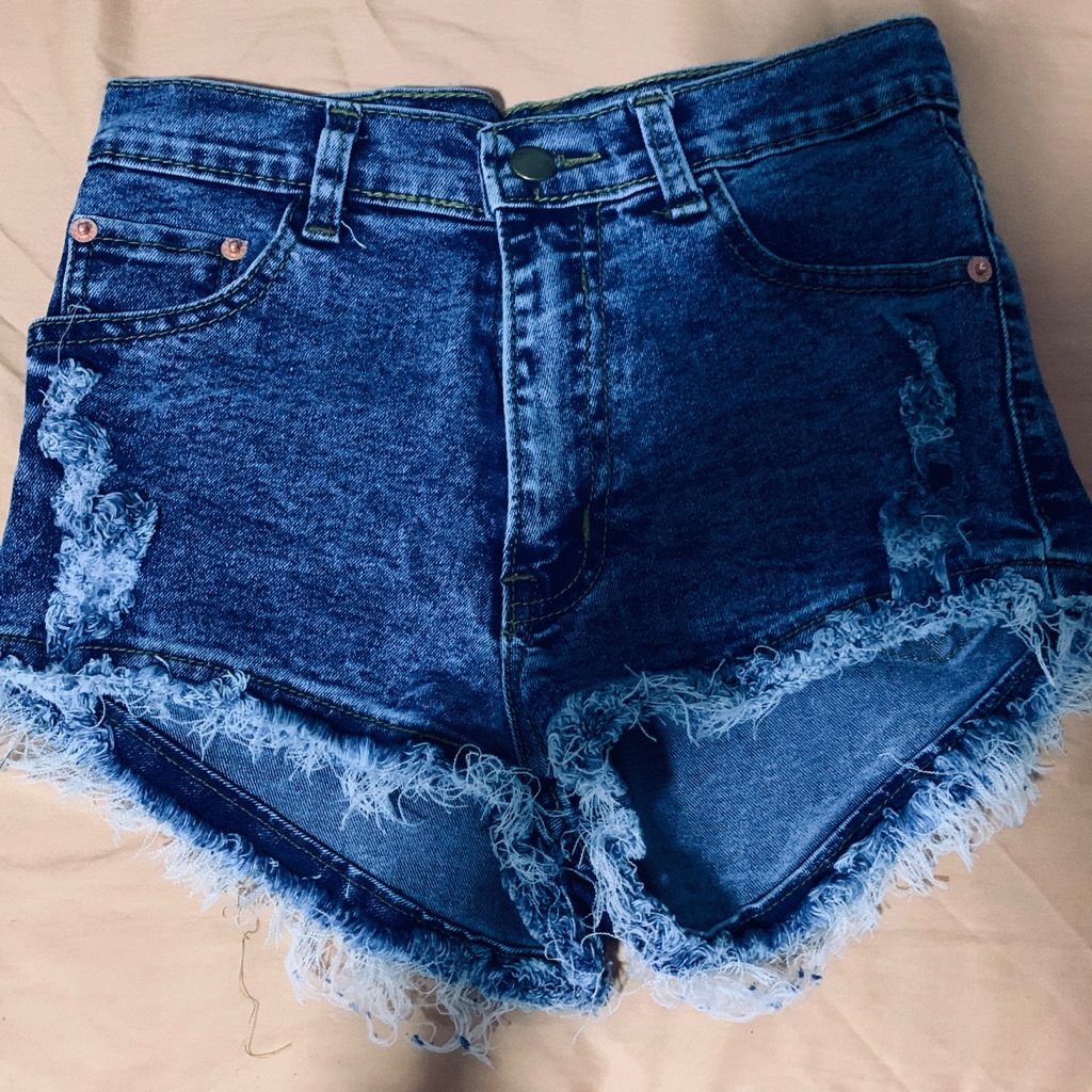 dark blue ripped denim shorts