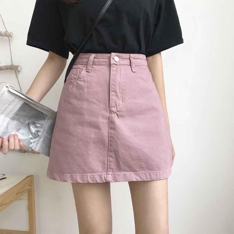 pink denim skirt outfit