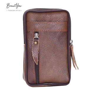 Men Cowhide Leather Waist Bum Pack Casual Small Mobile Phone Zipper Pouch [BeautYou.sg] #6
