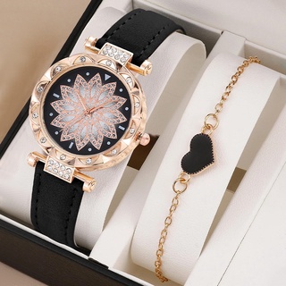 【Watch+Bracelet】2PCS Watch Bracelet Set Women Fashion Rhinestone Leather Strap Quartz Watch