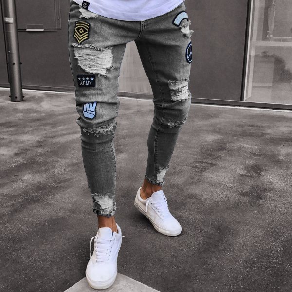 Jeans Men Men S Trend Knee Holes Zipper Feet Badge Hole Explosion Denim Pants Shopee Singapore