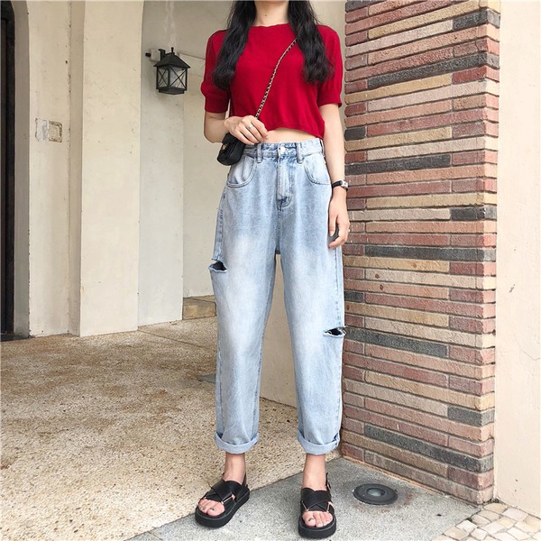 Mrs Right New Trend Casual Women Ripped High Waist Jeans Shopee Singapore