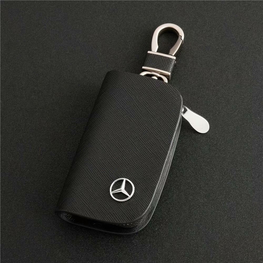 For Benz Car Key Holder Keychians Keyring Remote Key Case Black Napped Leather 