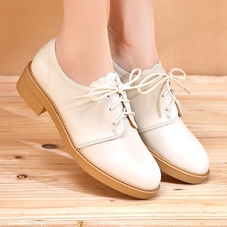 Image of Three-color soft women's shoes British style leather shoes lace-up flat casual round toe height-increasing simple
