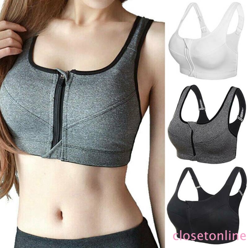 Women Solid Front Zip Sport Bra Push Up High Impact Wireless Padded Gym