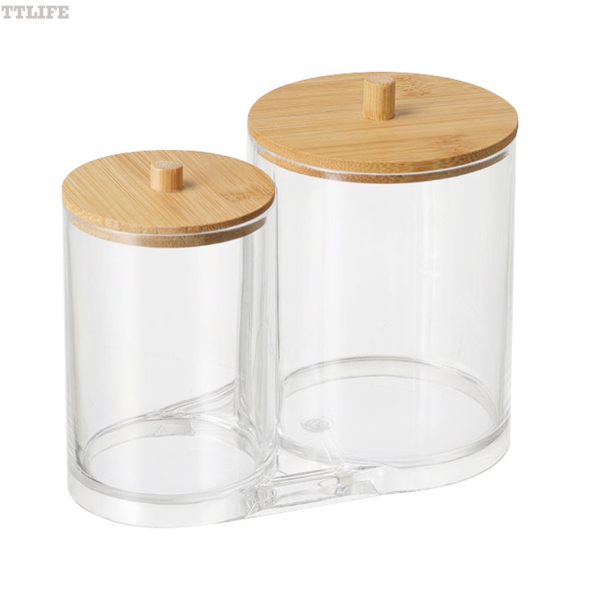 Cotton Pad Holder with Bamboo Lid for Bathroom Storage, Acrylic Cotton