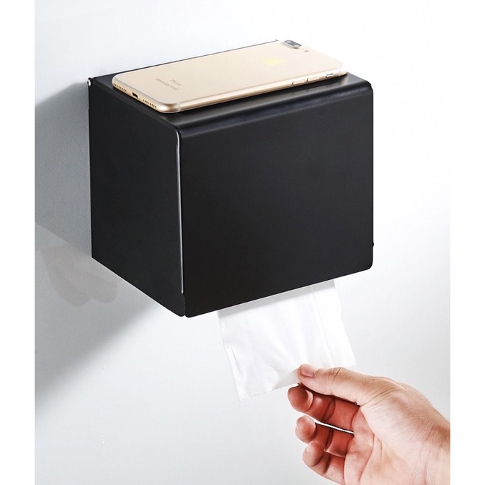Toilet Roll Holder Box Bathroom Storage in Sleek Black with Flat Top