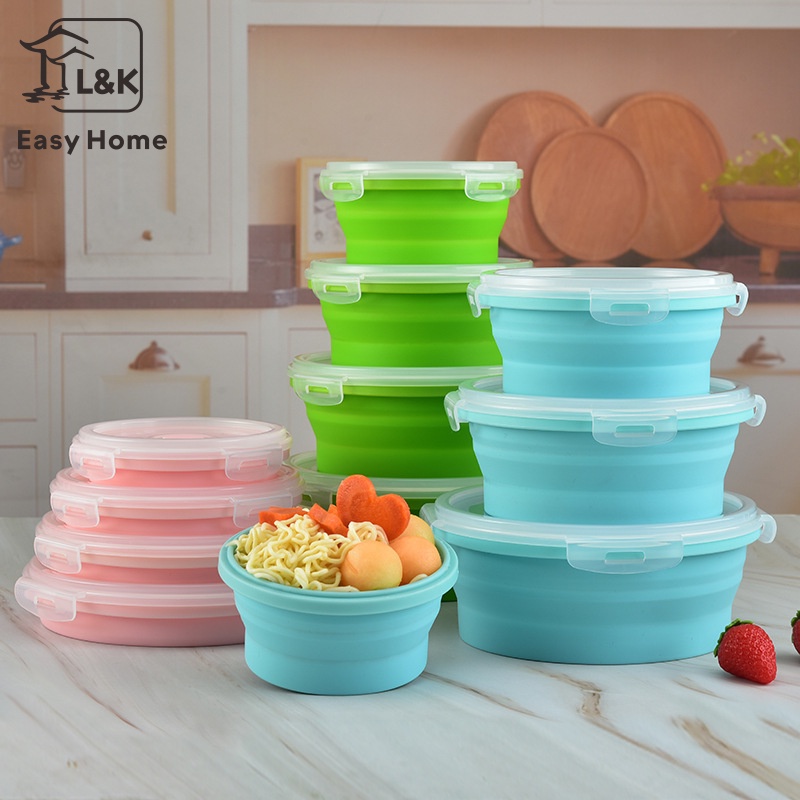 Round Shape Silicone Folding Takeaway Containers Picnic Bento Box fresh