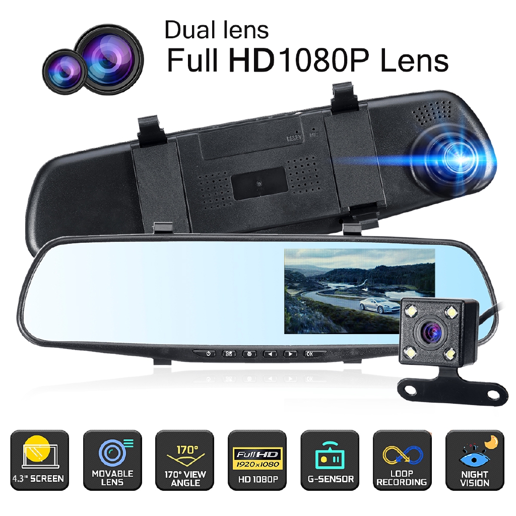4 3 Inch Hd 1080p Car Dvr Dash Cam Front And Rear Mirror Camera Video Recorder Shopee Singapore