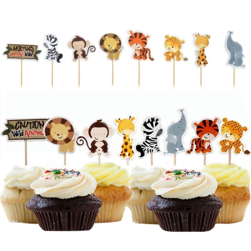 24pieces Cartoon Cake Inserts Card Jungle Safari Animal Cupcake Toppers Kids Birthday Cake Decoration Shopee Singapore