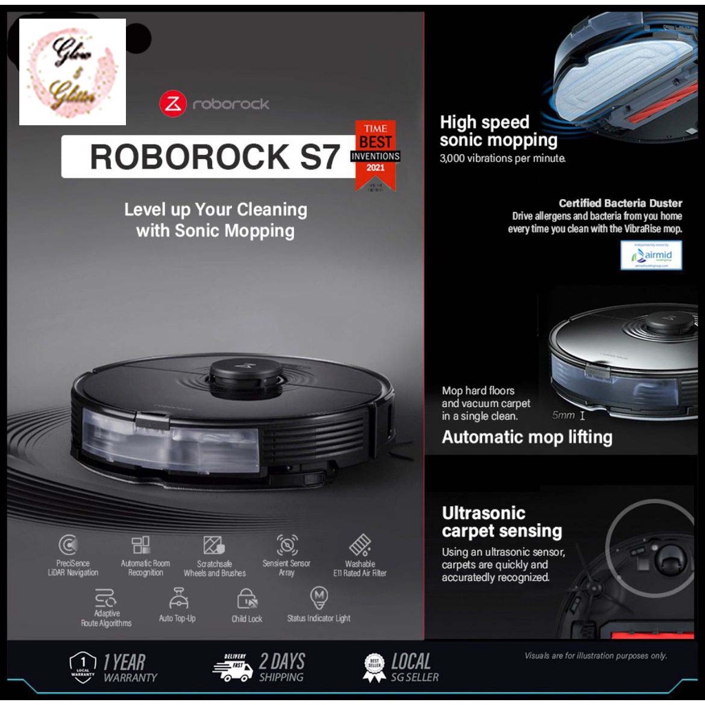 Roborock S7, Black Robot Vacuum Cleaner Robot UltraSonic Mopping Pad, Break and Scrub Dry Stain