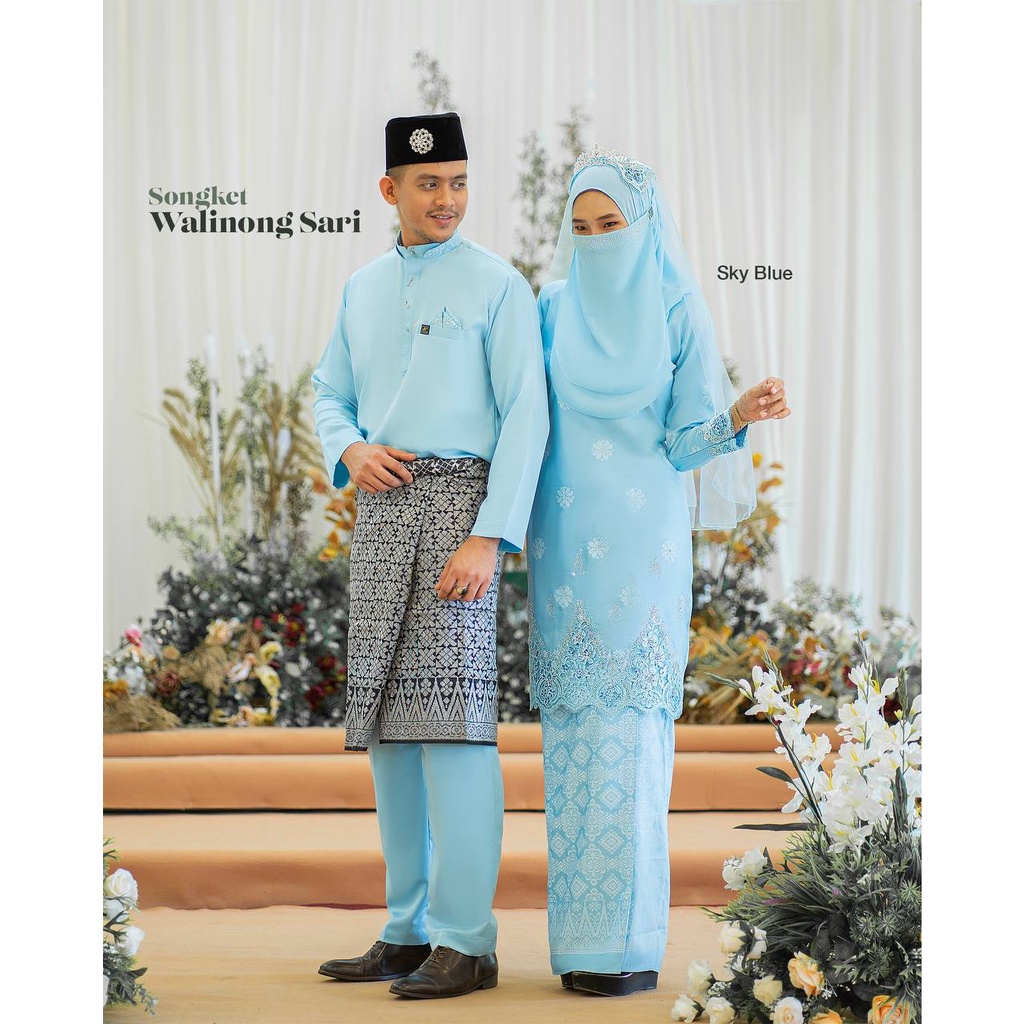 Shop Malaysia Cantik Set Nikah Tunang Sky Blue Kurung Moden Songket Walinong Sari Baju Melayu Jebat Bridal Set Couple Plussize Shopee Singapore