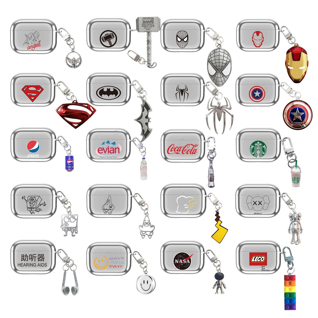 Airpods 1 2 Pro Case Silver Electroplating Drinks Spongebob Angel Spiderman Iron Man Cool Keychain Batman Bag Pendant Pikachu Portable Shockproof Protective Soft Cover For Apple Pro Gen 2 Wireless Bluetooth Earphone Headset