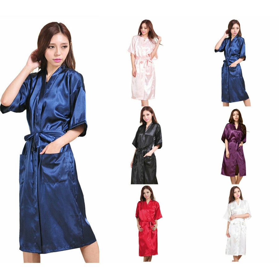 Women's Long Satin Robes Silky Kimono Bathrobe Bride Bridesmaids Sleepwear Dressing Gown with Pockets 