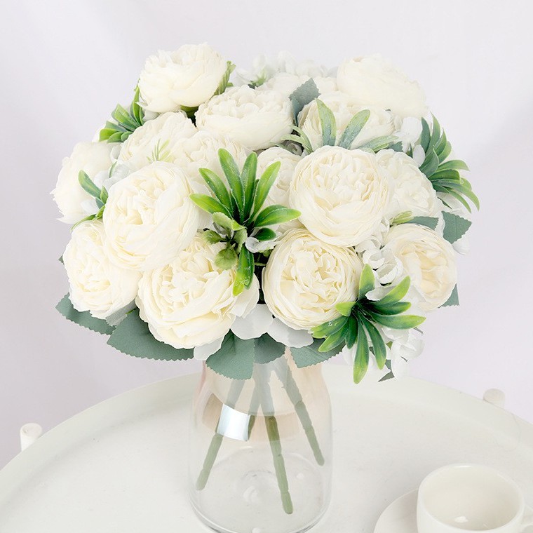 7  Heads Artificial Silk Big Peony Flower Head Bouquet Simulation Hydrangea Waterweed Fake Green Plant Green Leaf Accessories Wedding Home Table Decoration
