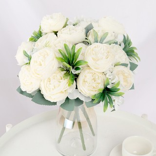 7  Heads Artificial Silk Big Peony Flower Head Bouquet Simulation Hydrangea Waterweed Fake Green Plant Green Leaf Accessories Wedding Home Table Decoration #2