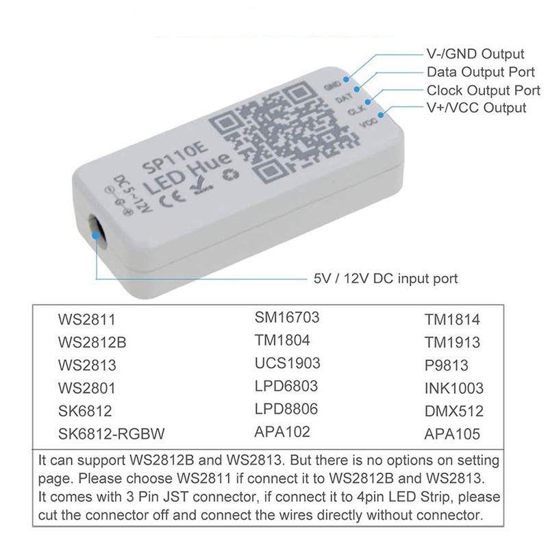 VIPMOON DC 5-24V SP110E Bluetooth Controller,Bluetooth Light Controller Smart iOS/Android App 1024 Pixels for WS2811 WS2812B WS2813 SK9822 APA102 RGB/RGBW LED Strip Light 
