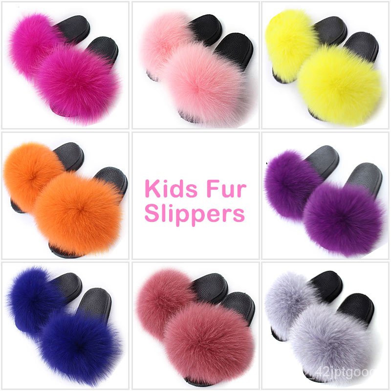 kids fox fur slides