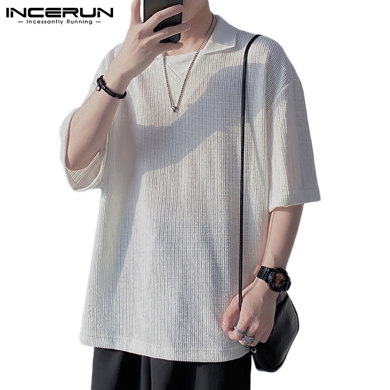 INCERUN Men Korean Style Fashion Lapel Half Sleeve Solid Color Loose ...