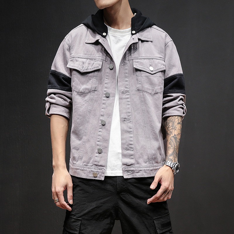 jean jacket with gray hood