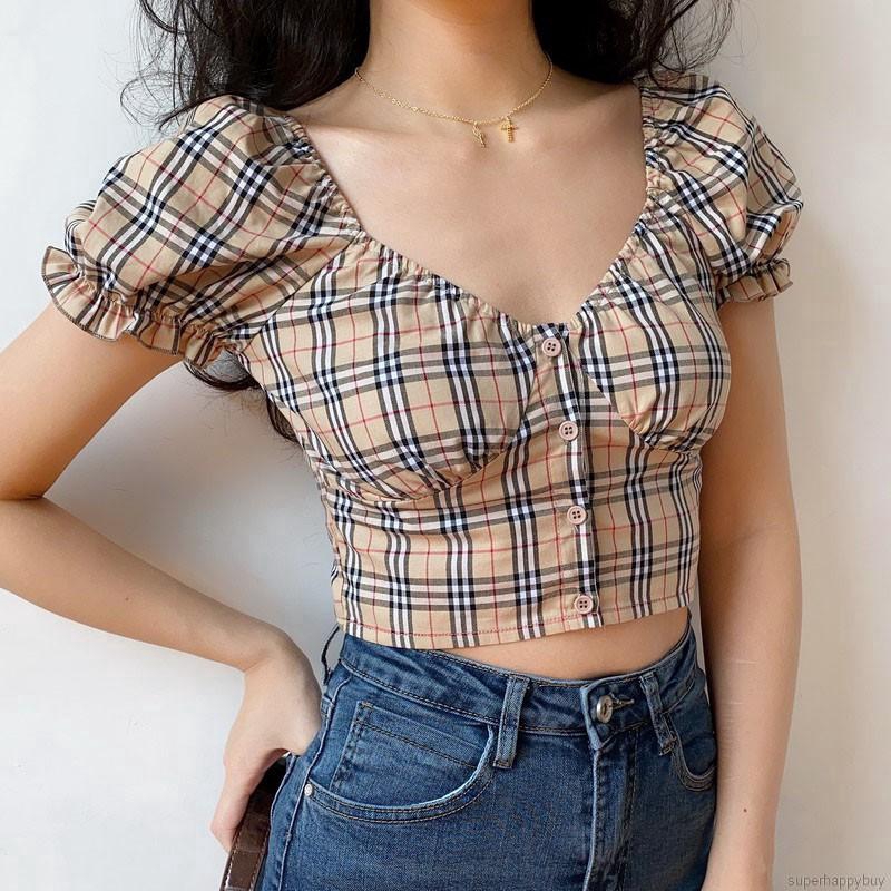 women's plaid cropped tops