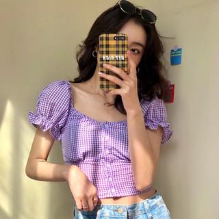 Image of Xiaozhainv Summer Korean women High Waist Retro Square Collar Puff short Sleeve Plaid Shirt Crop top