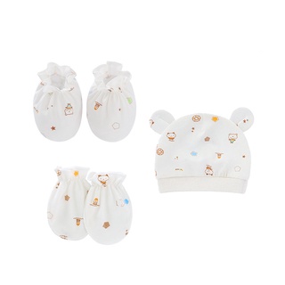 Newborn Baby Cotton Hat+Gloves+Socks Cute Cartoon Print Infant Boy Girl 0-6 Months Essentials ( 3in1 Set Bonnet, Mittens, and Booties)