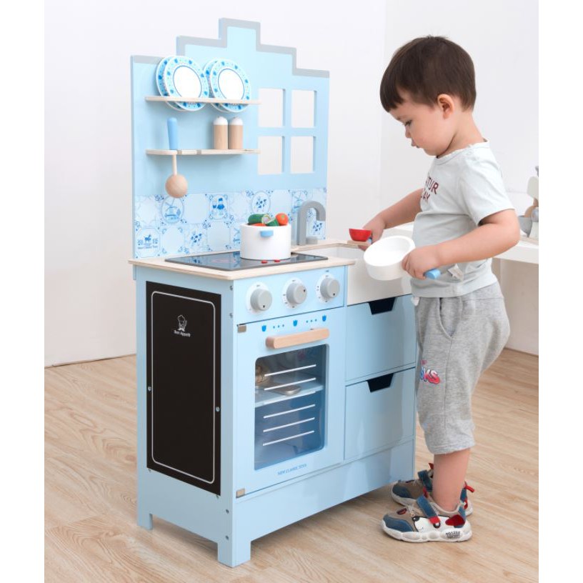 blue wooden play kitchen