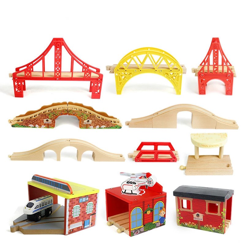 wooden train track with bridge