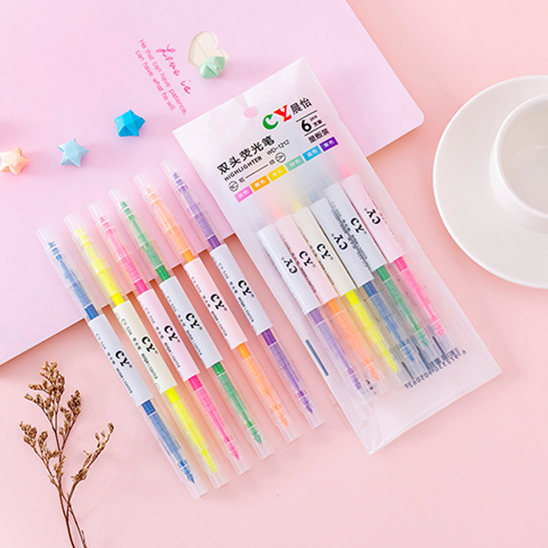 6 Colors Double-Headed Highlighter Light Color Marker Pen Color Painting Pen