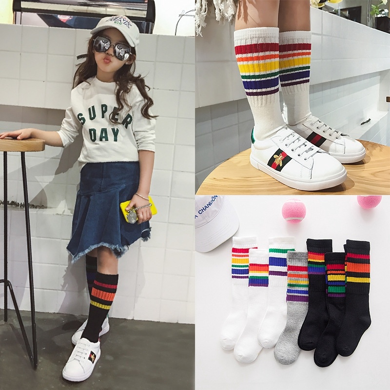 New Kids Baby Girls Boy Casual Rainbow Striped Knee High Stockings Cotton Socks