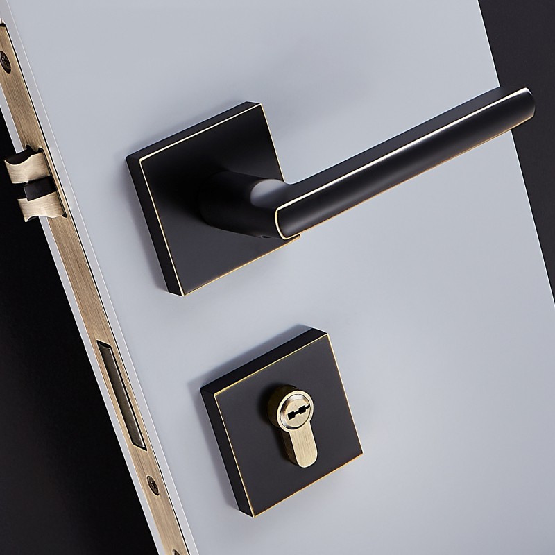 Square Brass Split Door Handle Lock Set For Bedroom Kitchen