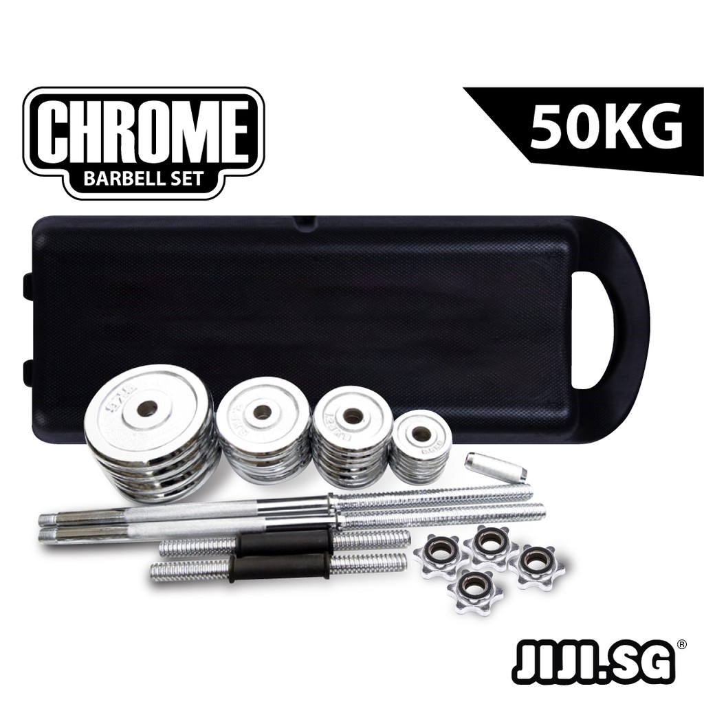JIJI INSTOCK Chrome Barbell Set 50KG Dumbbells / Weights / Gym / Fitness / Barbells / Strength