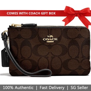 Image of Coach Wristlet In Gift Box Small Wristlet Double Corner Zip Wallet In Signature Coated Canvas Black / Brown # F87591