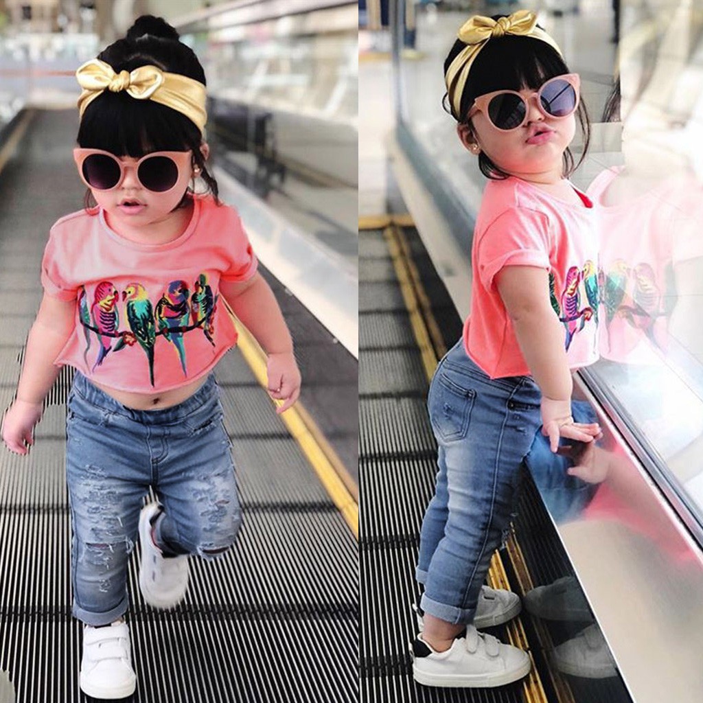 Bombom Toddler Baby Girl Kid Cartoon Printed T Shirt Tops Jeans Pants Outfits Set Shopee Singapore